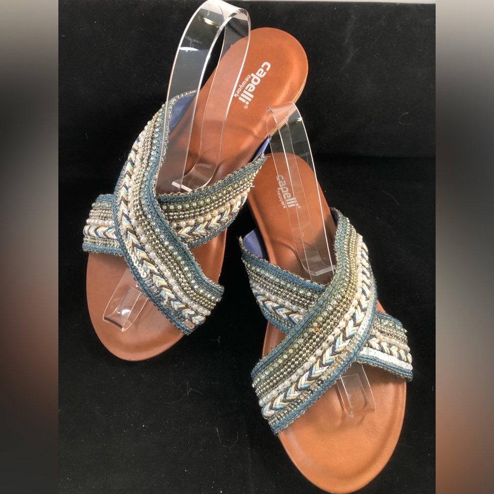Capelli of New York Blue and Tan Beaded Crisscross Slide Sandals